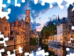 Wieża Belfort, Kanał, Brugia, Domy, Rzeka, Dzwonnica, Belgia