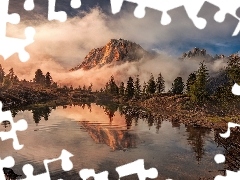 Jezioro Lago Limides, Góry, Mgła, Dolomity, Włochy, Drzew