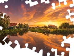 Domy, Zaandam, Skansen Wiatraków, Drzewa, Most, Holandia, S