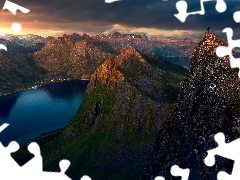 Morze, Zachód słońca, Wyspa Senja, Norwegia, Szczyt Husfj
