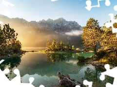 Mgła, Góry, Jezioro Eibsee, Bawaria, Wysepka, Wschód sło