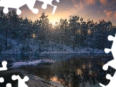 Zima, Zachód słońca, Ringerike, Norwegia, Drzewa, Jezioro