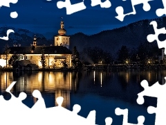 Most, Zamek Ort, Gmunden, Noc, Oświetlony, Jezioro Traunsee, Austria