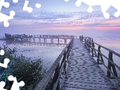 Wschód słońca, Jezioro, Szuwary, Mgła, Pomost, Poranek,