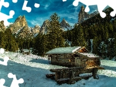 Alpy, Góry, Chata, Włochy, Zima, Dolomity