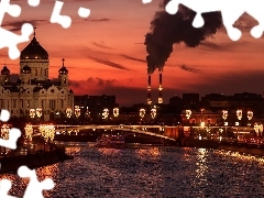 Baszta, Kominy, Moskwa, Most, Rosja, Oświetlenie, Statek, O