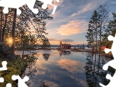 Dom, Drzewa, Norwegia, Chmury, Ringerike, Jezioro Vaeleren,
