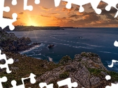 Skały, Pointe de Brezellec, Zachód słońca, Morze, Francj