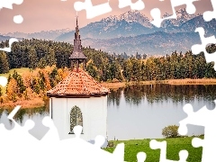 Góry, Kaplica, Lasy, Alpy, Jesień, Niemcy, Bawaria, Jezior