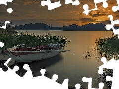 Łódka, Szuwary, Zachód słońca, Jezioro