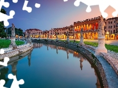 Domy, Padwa, Prato della Valle, Latarnie, Kanał, Włochy, Plac, Zmierzch, Budynki, Posągi
