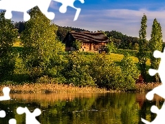 Topole, Jezioro, Lato, Wzgórze, Stodoła, Brzozy, Drzewa, D
