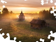 Kaplica, Wieś, Mgła, Domy, Wschód słońca, Kościółek,