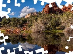 Krzewy, Drzewa, Stany Zjednoczone, Jezioro, Arizona, Skały,