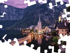 Alpy Salzburskie, Hallstatt, Domy, Góry, Austria, Jezioro H