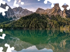Drzewa, Odbicie, Jezioro, Lasy, Góry