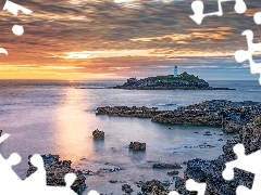 Latarnia morska Godrevy, Kornwalia, Chmury, Morze, Anglia, S