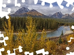 Tory kolejowe, Park Narodowy Banff, Chmury, Jesień, Lasy, A