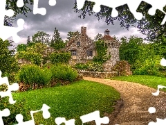 Zieleń, Staw, Chmury, Ścieżka, Drzewa, Hrabstwo Kent, Scotney Castle, Park, Anglia, Dworek, Trawnik, Ogród