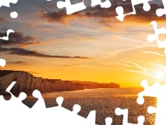 Klif, Morze, Seven Sisters, Siedem sióstr, Hrabstwo East Sussex, Anglia, La Manche, Zachód słońca, Kanał