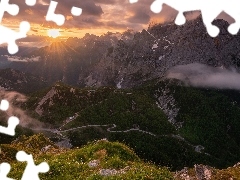 Góra, Mala Mojstrovka, Słowenia, Dolina, Wschód słońca,