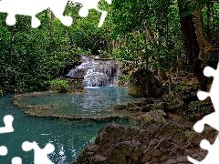 Las, Wodospad Erawan, Prowincja Kanchanaburi, Drzewa, Kaskada, Park Narodowy Erawan, Tajlandia