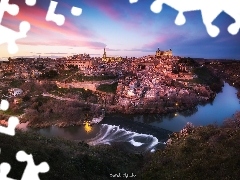 Światła, Miasto, Toledo, Hiszpania, Rzeka Tag, Domy