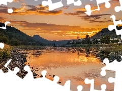 Łaba, Zachód słońca, Kamienie, Most, Domy, Niemcy, Sakso