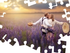 Kobieta, Pocałunek, Łubin, Mężczyzna, Łąka