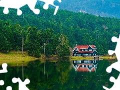 Jezioro Golcuk, Turcja, Lasy, Góry, Dom, Bolu