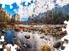 Merced River, Kalifornia, Góry, Drzewa, Sierra Nevada, Stan