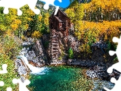 Skały, Rzeka Crystal River, Kolorado, Jesień, Młyn Crystal Mill, Drzewa, Stany Zjednoczone