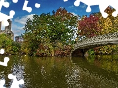 Central Park, Budynek Eldorado, Stany Zjednoczone, Drzewa, Most, Manhattan, Nowy Jork, Jezioro