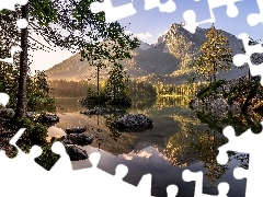 Góry, Jezioro Hintersee, Alpy, Drzewa, Bawaria, Niemcy, Kamienie, Berchtesgadener, Skały