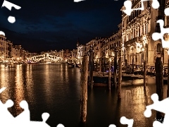 Domy, Most Rialto, Włochy, Kanał, Wenecja, Oświetlone, Noc, Canal Grande