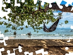 Morze Andamańskie, Drzewo, Prowincja Krabi, Hamak, Plaża, Łódki, Tajlandia