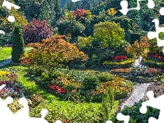 Drzewa, Ogród, Rabaty, Klomby, Kolumbia Brytyjska, Kanada, Butchart Gardens, Brentwood Bay, Alejki