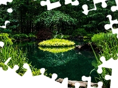 Rzeźby, Park, Trawa, Rośliny, Ptaki, Staw