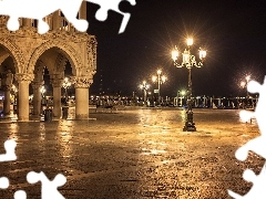 Latarnie, Piazzetta San Marco, Wenecja, Włochy, Noc, Pałac
