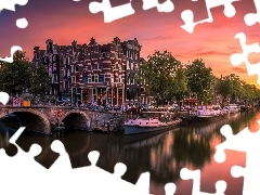 Amsterdam, Holandia, Kanał, Rzeka, Domy, Zachód słońca,