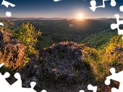 Dolina, Wschód słońca, Wzgórza, Góry, Skały