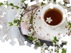 Filiżanka, Herbata, Gałązki, Deski, Okwiecone, Porcelanowa