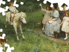 Arthur John Elsley, Ławka, Koń, Kobieta, Psy, Obraz, Malar