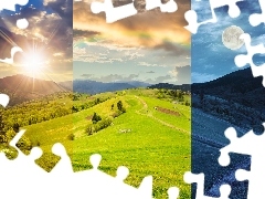 Księżyc, Lato, Noc, Góry, Fotomontaż, Niebo, Słońce