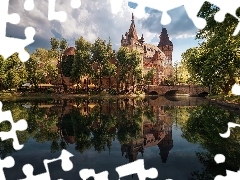 Most, Zamek Vajdahunyad, Budapeszt, Węgry, Drzewa, Staw