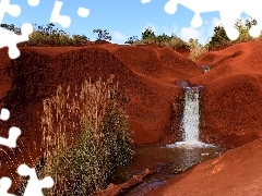 Rzeka, Red Dirt Waterfall, Skały bazaltowe, Hawaje, Kanion Waimea, Wodospad, Czerwone, Stany Zjednoczone, Wyspa Kauai, Trawa