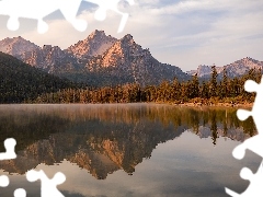 Chmury, Drzewa, Odbicie, Jezioro, Mcgown Peak, Stan Idaho, J