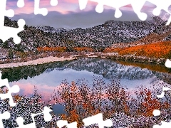 Rośliny, Jesień, Chmury, Wschód słońca, North Lake, Stany Zjednoczone, Kalifornia, Drzewa, Góry, Eastern Sierra, Jezioro