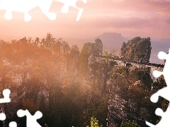 Park Narodowy Saskiej Szwajcarii, Bastei, Mgła, Góry Połabskie, Formacja skalna, Niemcy, Poranek