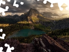 Skały, Grinnell Lake, Góry, Montana, Lewis Range, Jezioro,